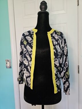 crown & ivy Navy and Lime Knit Owl Print Cardigan Size S